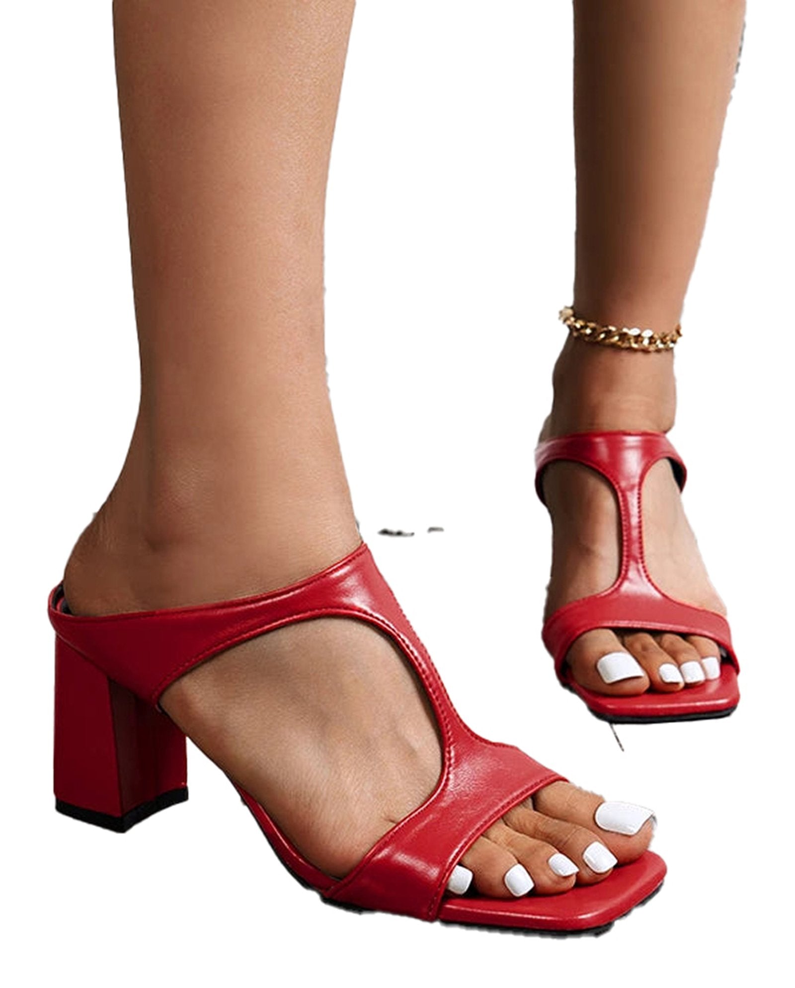 Red LuckeLadybug LLC 2025 women's square toe sandals with a chic open design and block heels