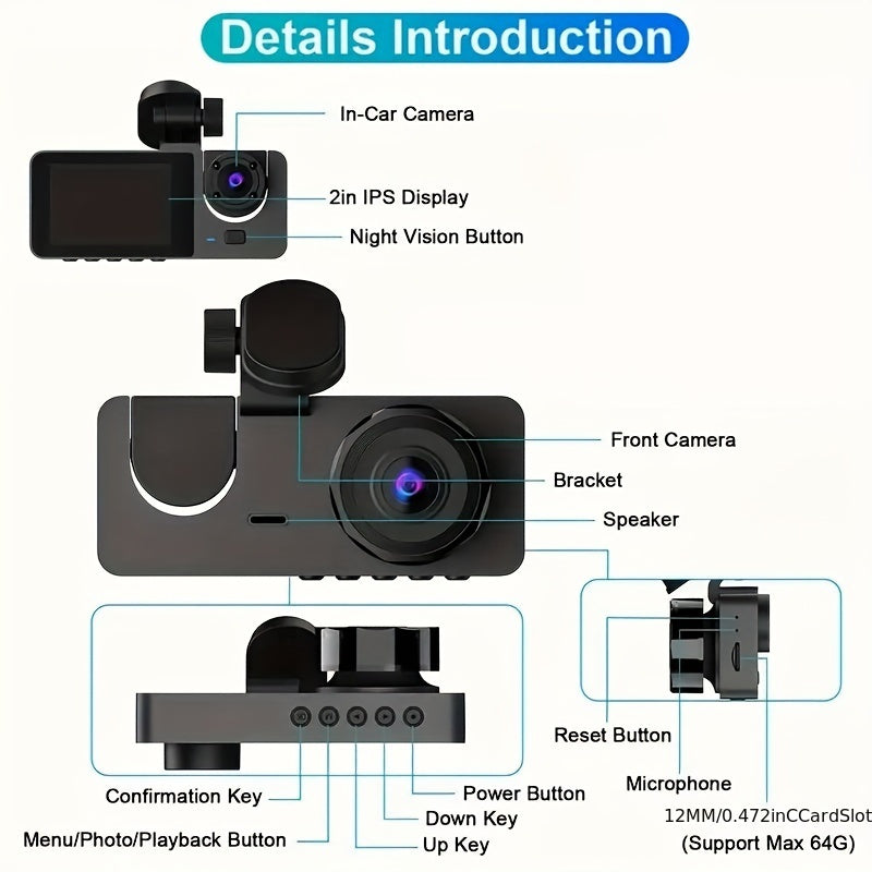 3 Channel Dash Cam With Night Vision