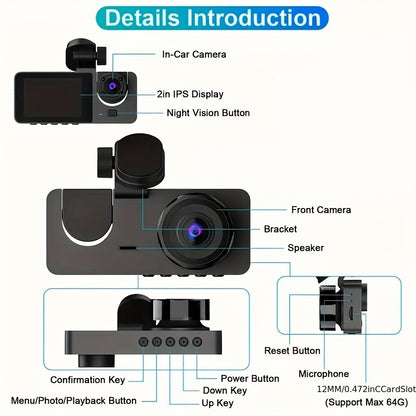 3 Channel Dash Cam With Night Vision