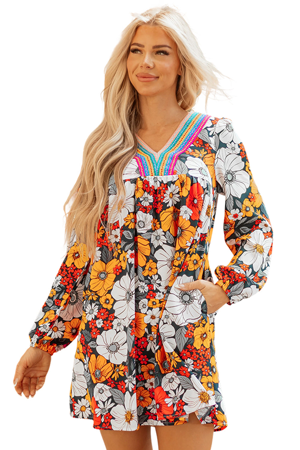 Orange Floral Mini Dress Boho V-Neck