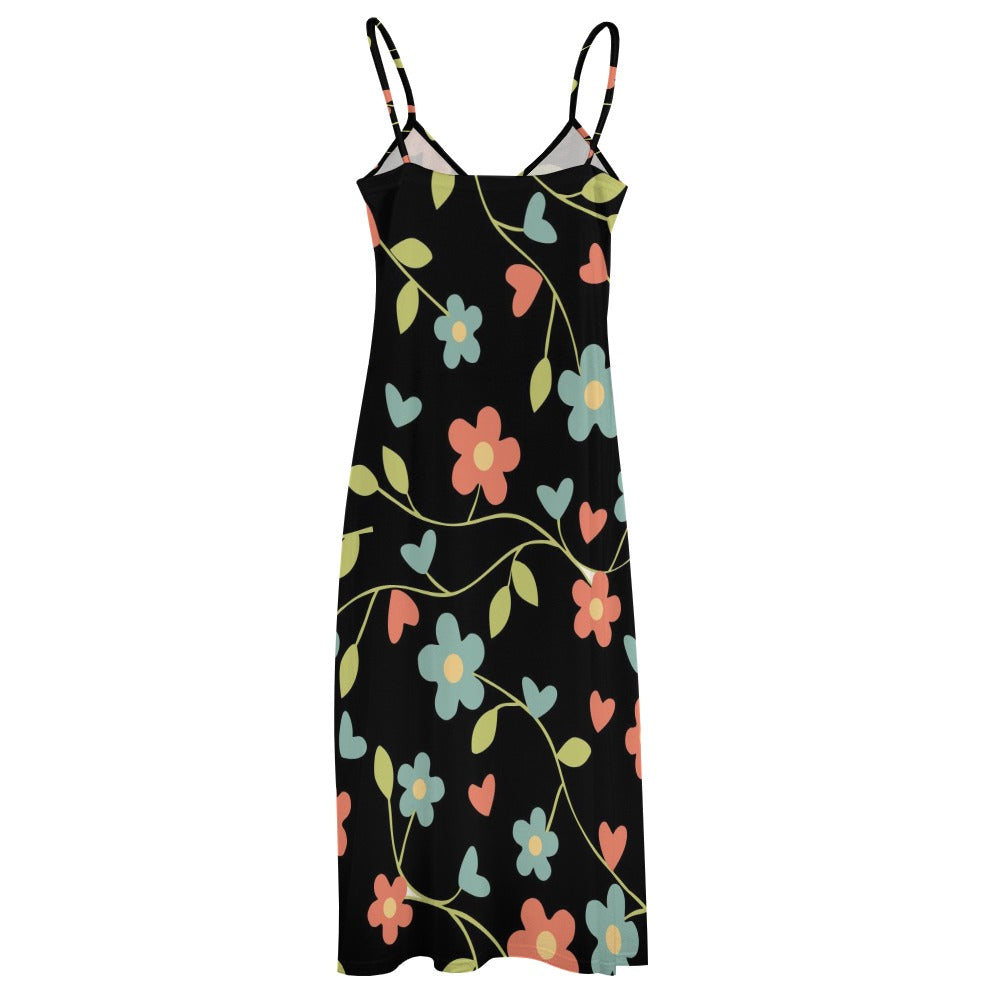 Sling Ankle Long Dress Black Floral Print Women'S Dress