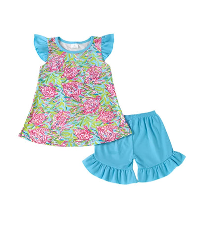 Adorable Green Turtle Print Girl Set | Cute Outfit For Babies & Toddlers - LuckeLadybug LLC