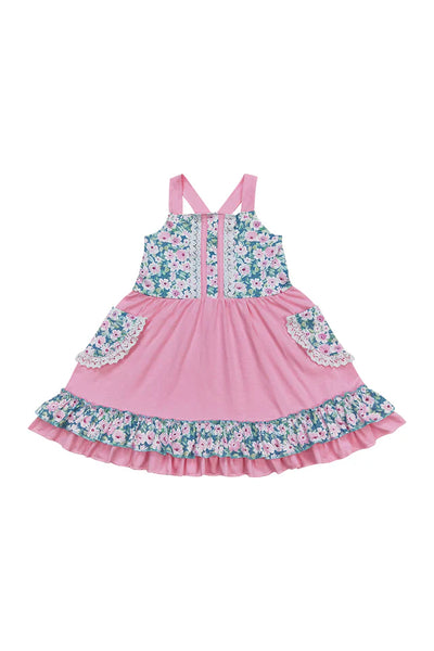 Adorable Pink Floral Strap Ruffle Dress - LuckeLadybug LLC