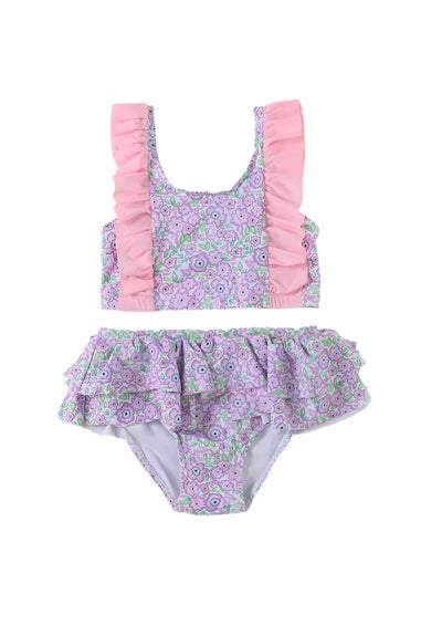 Adorable Purple Floral Print Ruffle Girl Swimsuit For Stylish Babies And Toddlers - LuckeLadybug LLC