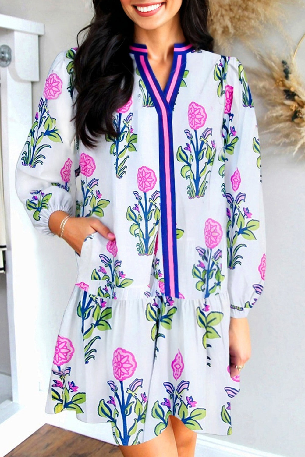 White Floral Print Long Sleeve Dress