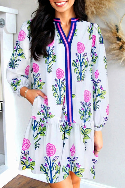 White Floral Print Long Sleeve Dress