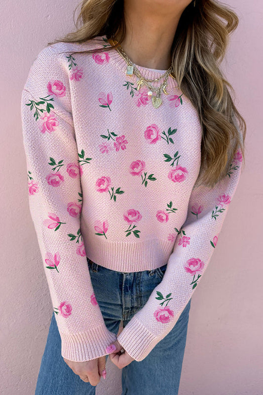 Floral Print Cropped Sweater For Trendy Style