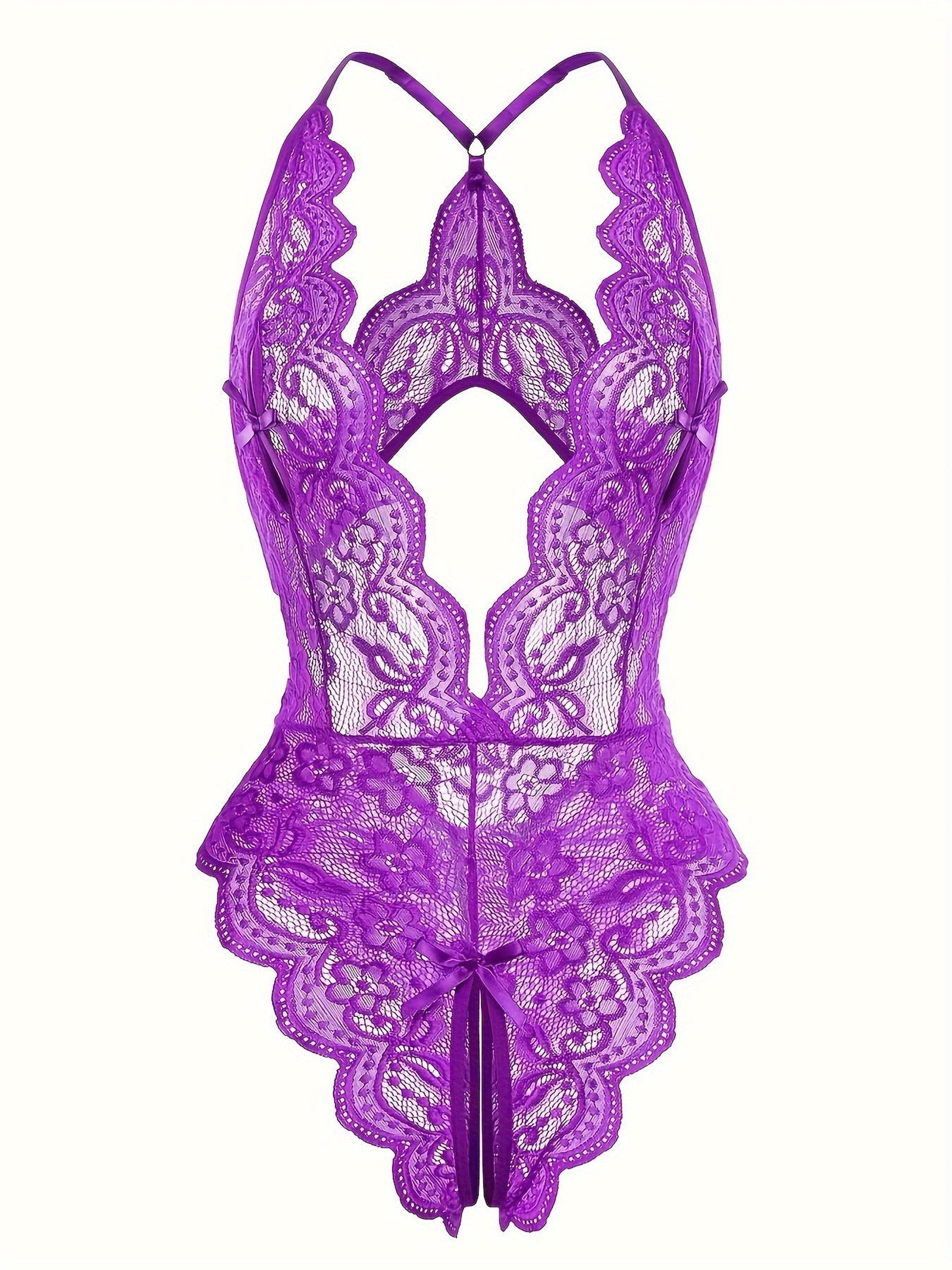 Sultry Floral Lace Bodysuit - Backless, Semi-Sheer, Open Crotch