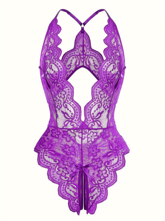 Sultry Floral Lace Bodysuit - Backless, Semi-Sheer, Open Crotch
