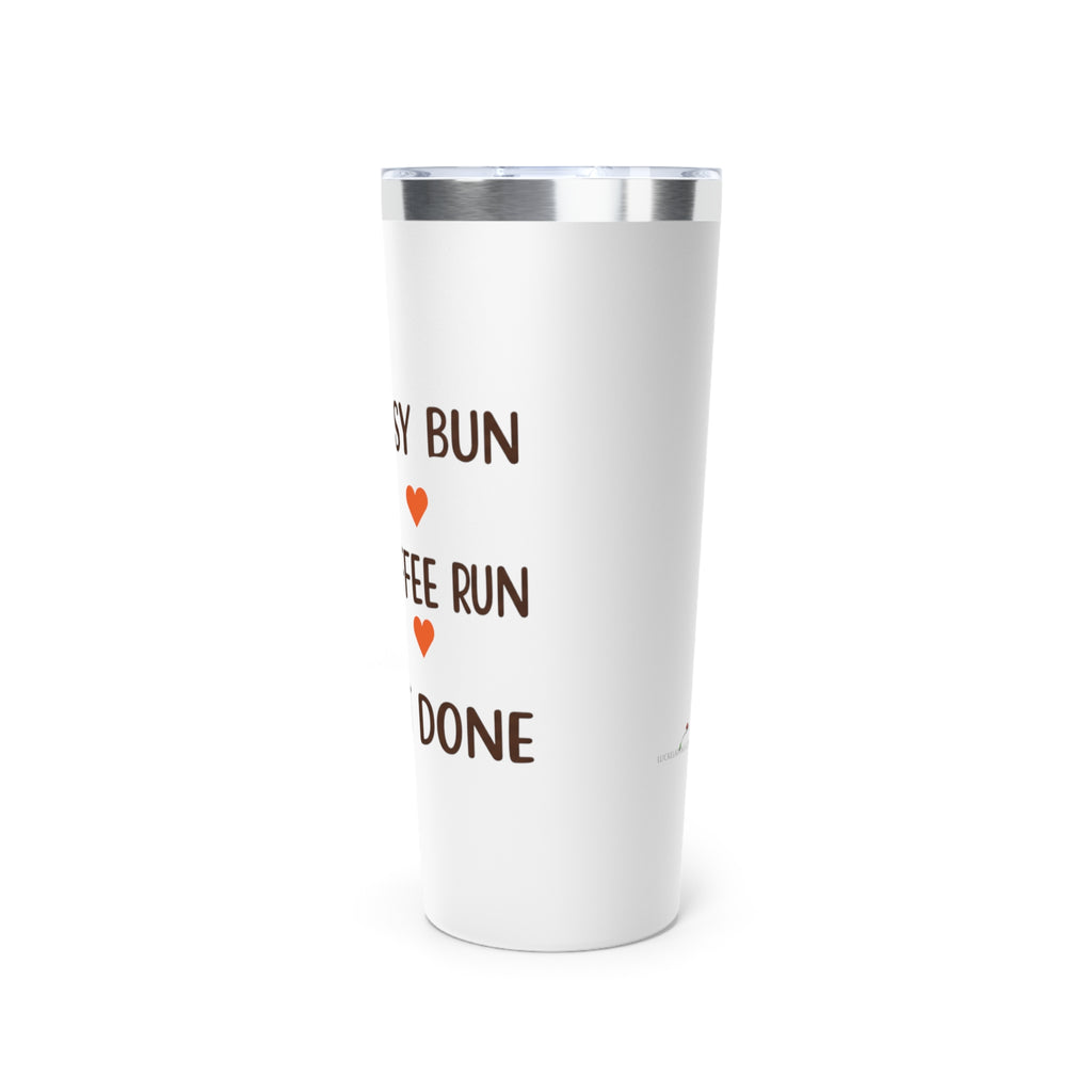 LuckeLadybug 22oz coffee travel cup for moms with cozy bun coffee run design