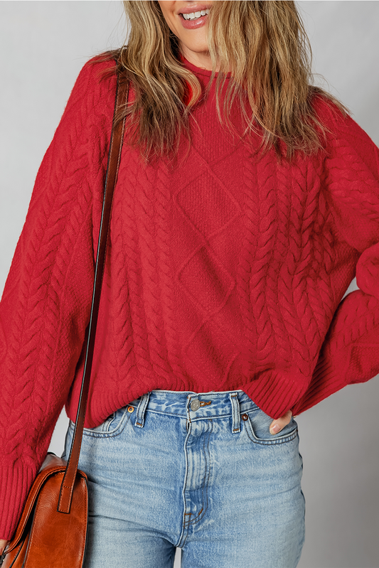 Fiery Red Cable Knit Sweater For Women