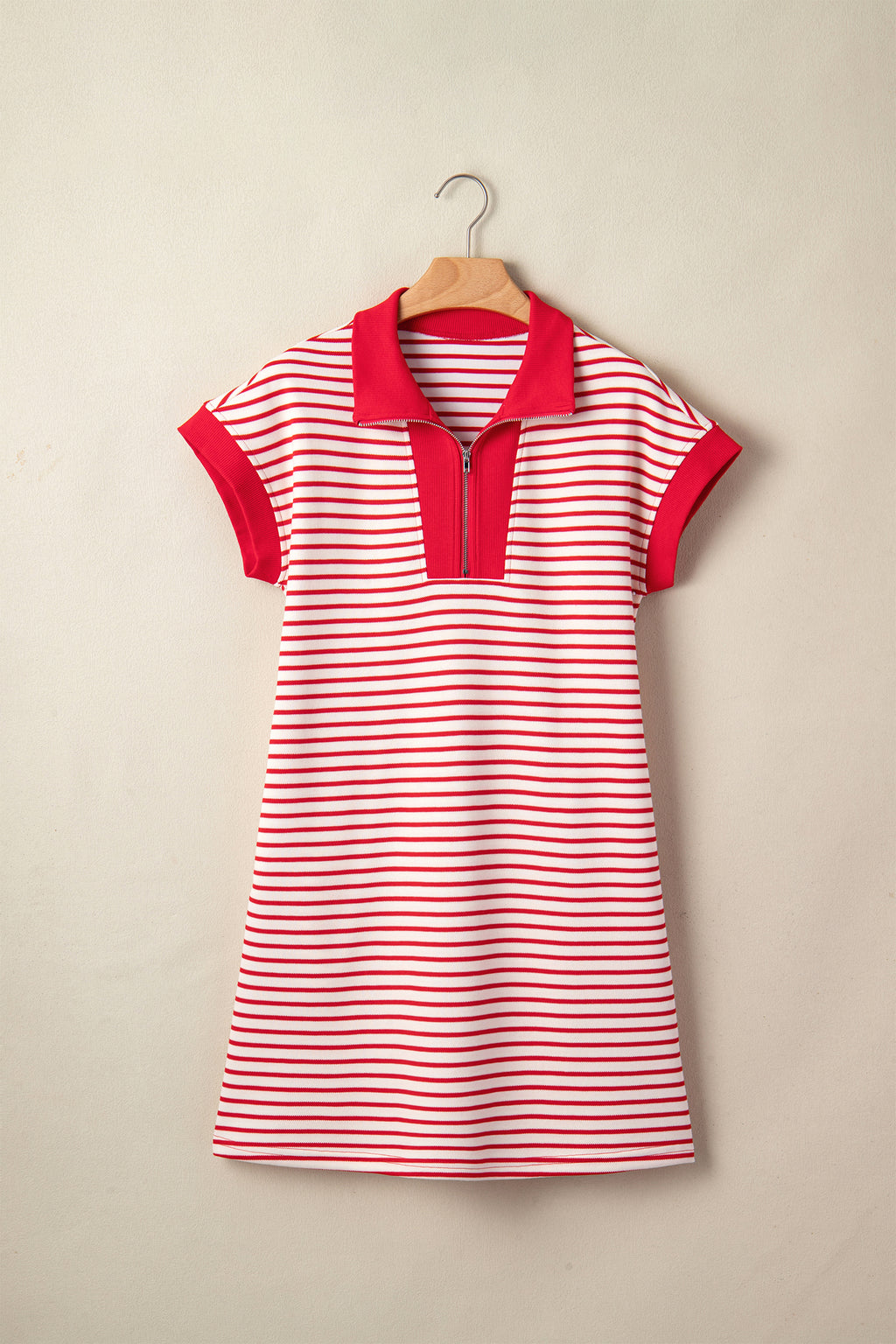 Green Stripe Quarter Zip Polo Collar T Shirt Dress with Pockets