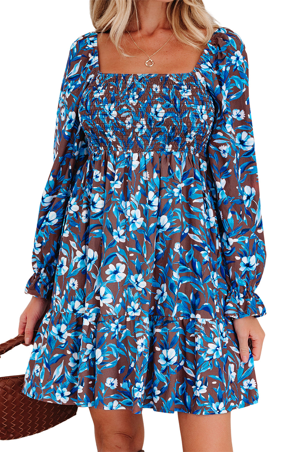 Blue Floral Smocked Dress Puff Sleeve Mini