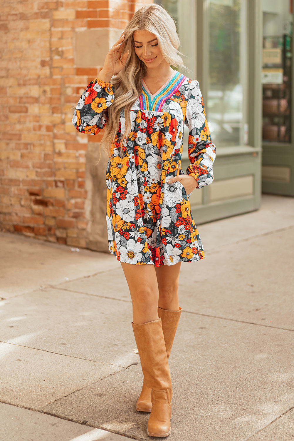 Orange Floral Mini Dress Boho V-Neck
