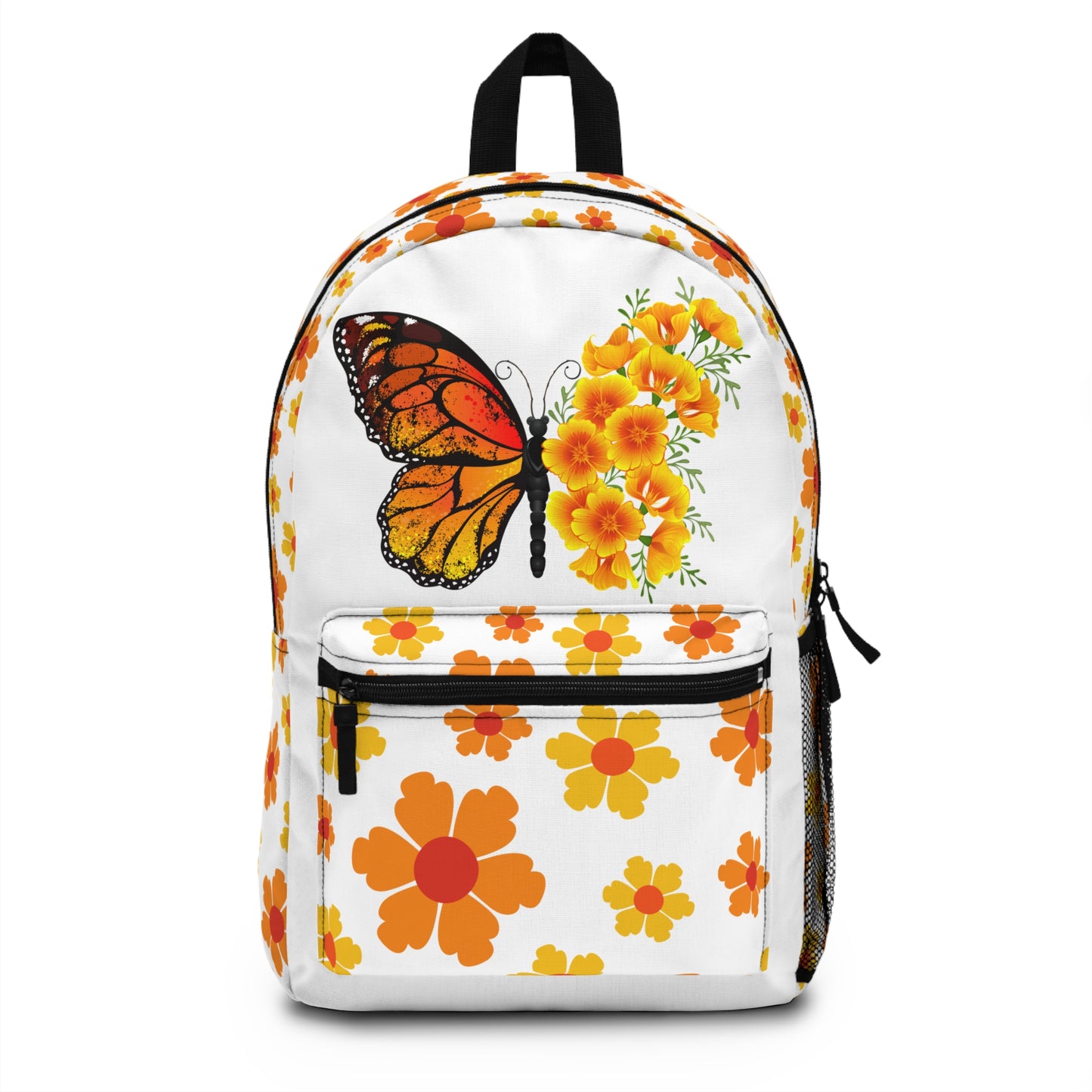 Custom butterfly backpack featuring vibrant orange and yellow flower designs for a unique style
