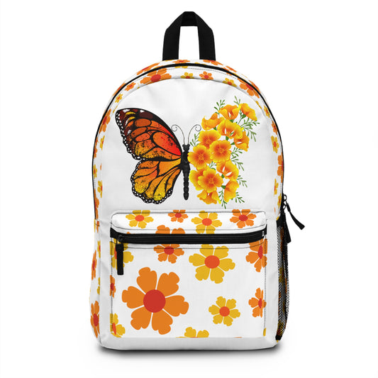 Custom butterfly backpack featuring vibrant orange and yellow flower designs for a unique style