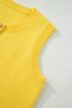 White Solid Color Sleeveless Knit Button Pocketed Sweater