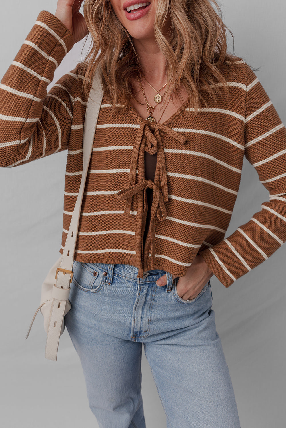 Chestnut Striped Tie Front Cardigan