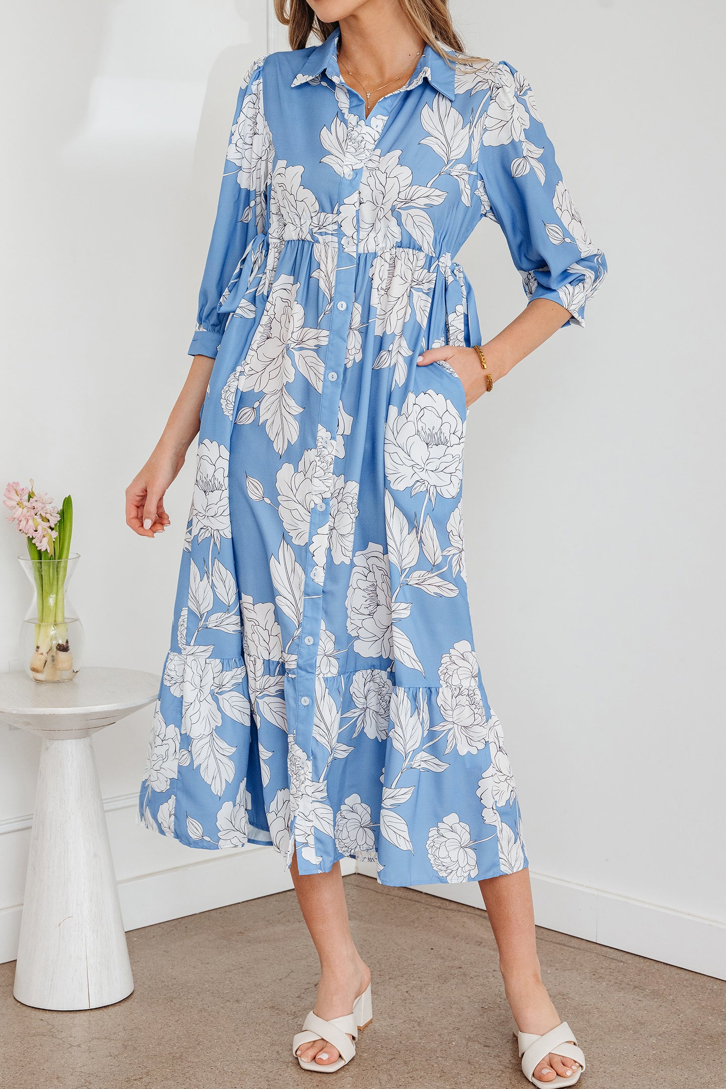 Sky Blue Floral Maxi Dress Buttoned Flowy
