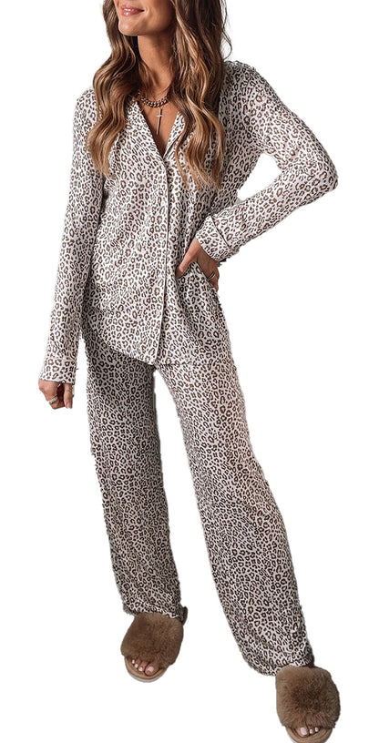 White Leopard Print Pajama Set For Comfort