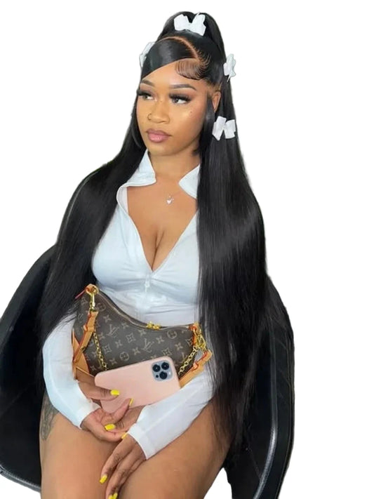 LuckeLadybug LLC 250 density HD lace frontal wig styled with accessories for a sleek look