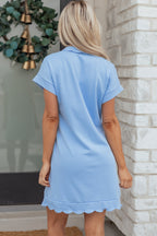 Beau Blue Solid Color Snap Button Polo Collar Short Sleeve Scallop Hem Mini Dress