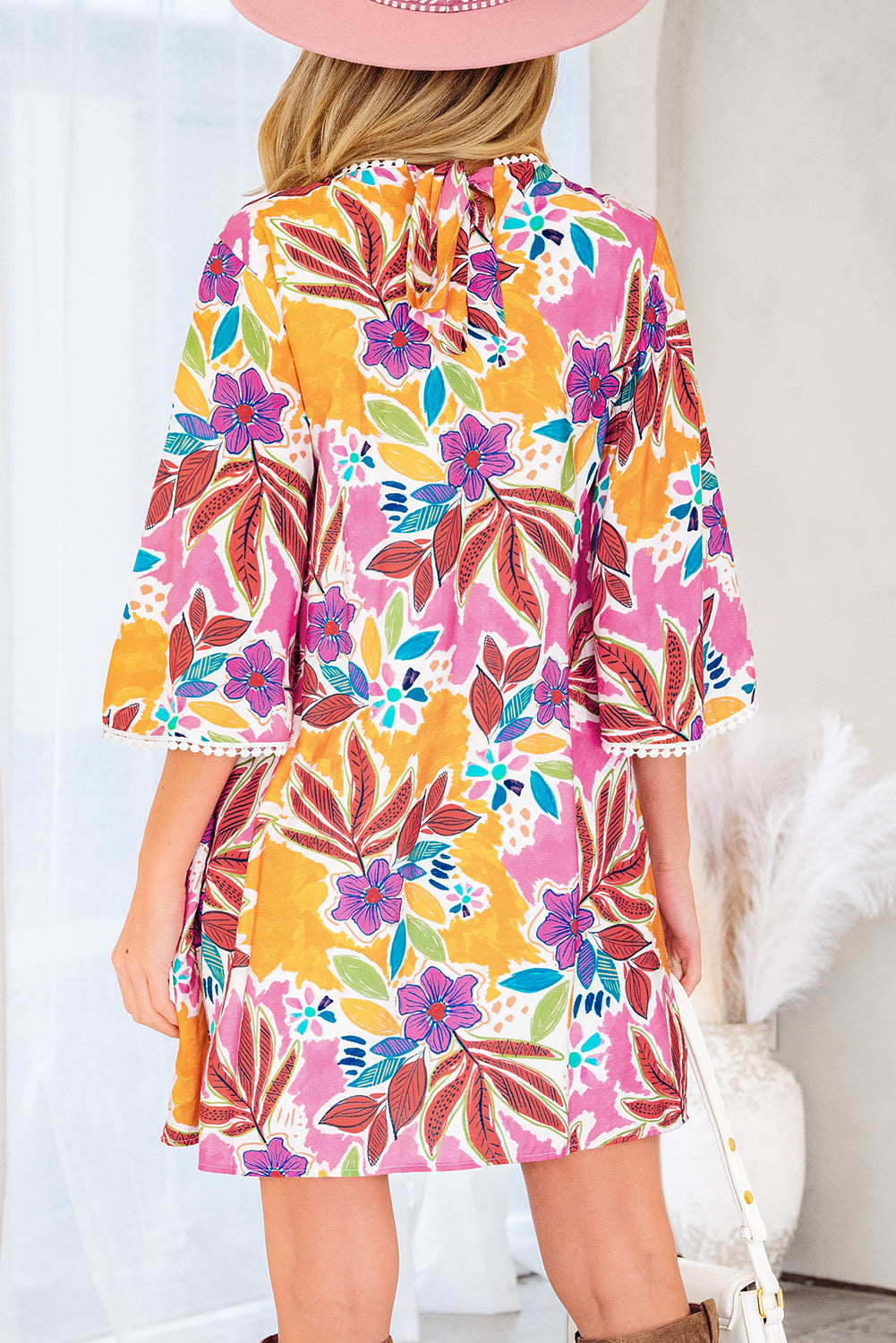 Pink Floral Swing Mini Dress Lace Trim