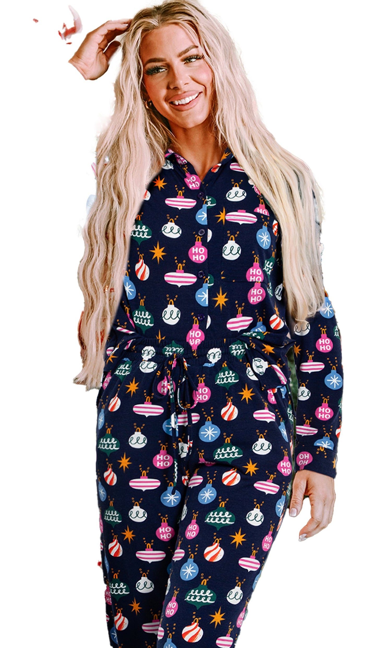 Navy Blue Christmas Pajama Set For Women