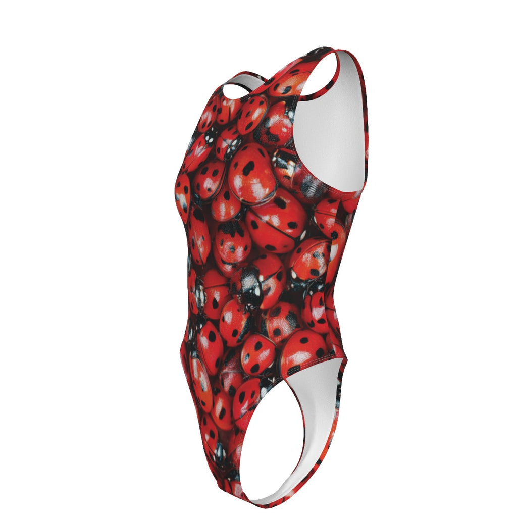 Ladybug-print one-piece swimsuit.
