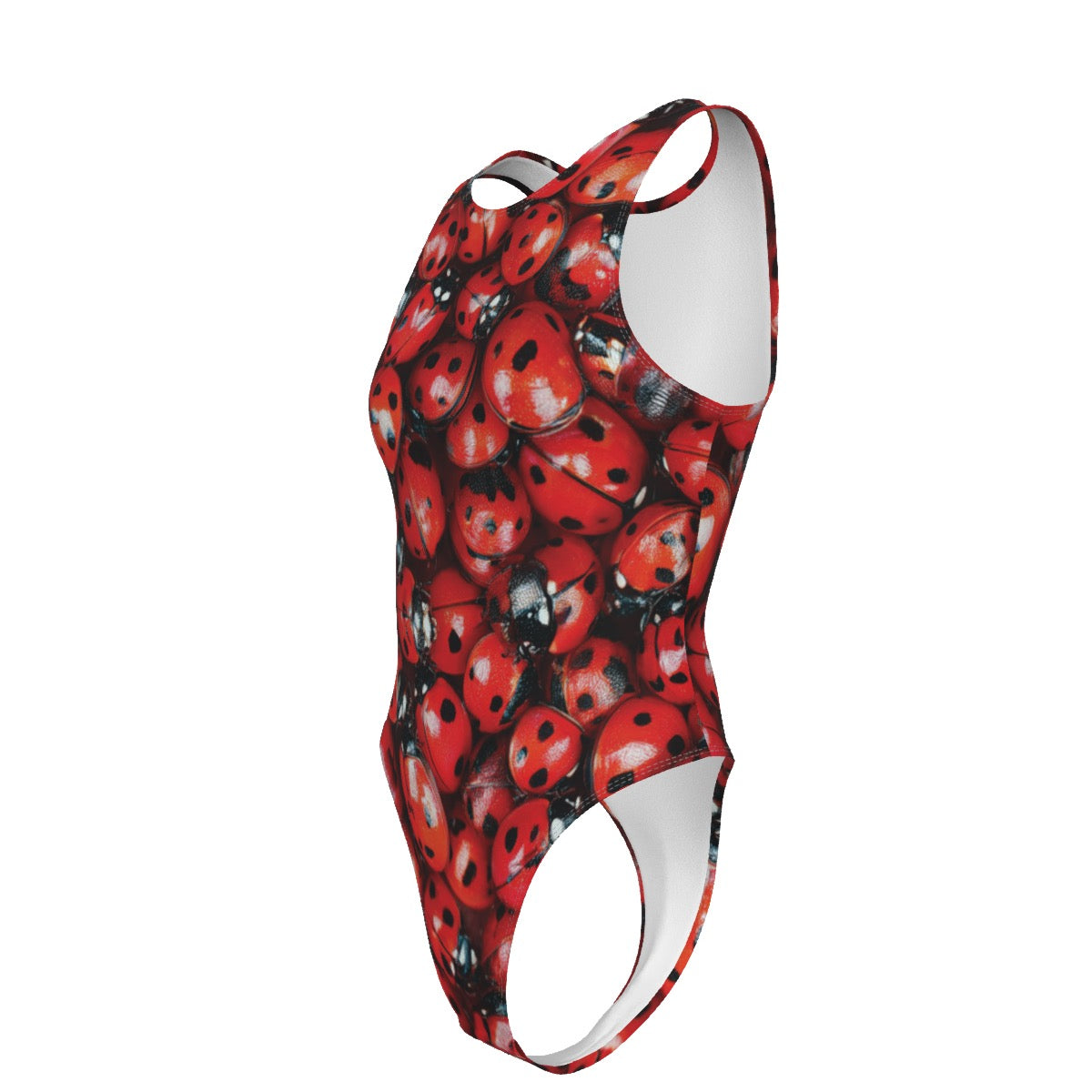 Ladybug-print one-piece swimsuit.
