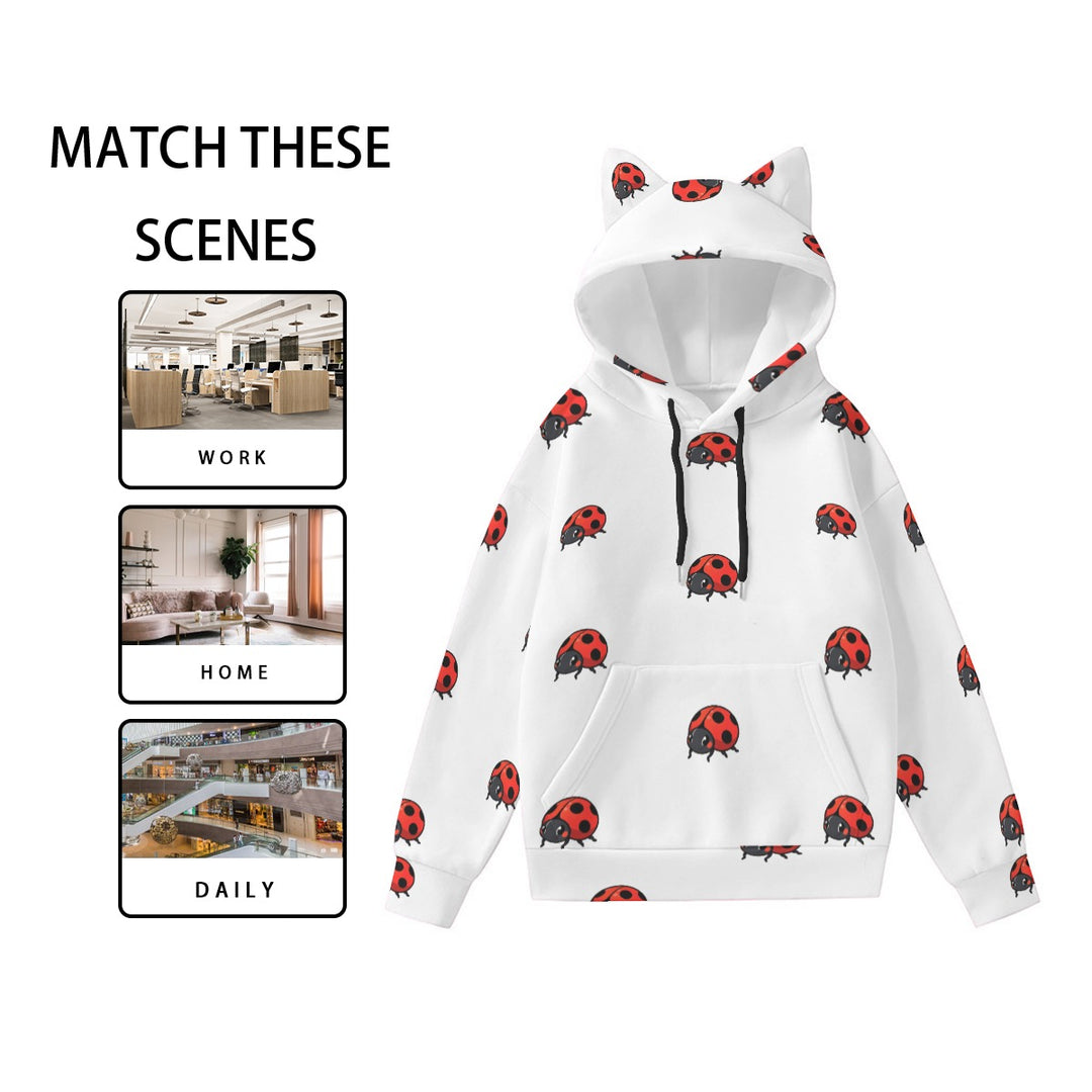 Purrfectly Adorable: Cute Ladybug Cartoon Women’s Hoodie with Cat Ears!