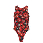Red ladybug-print one-piece swimsuit.
