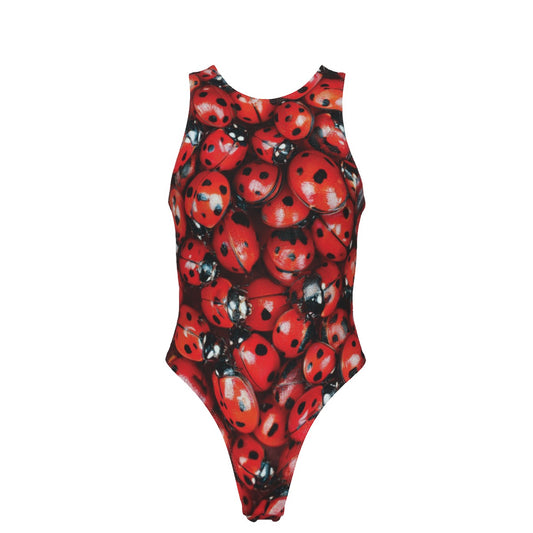 Red ladybug-print one-piece swimsuit.
