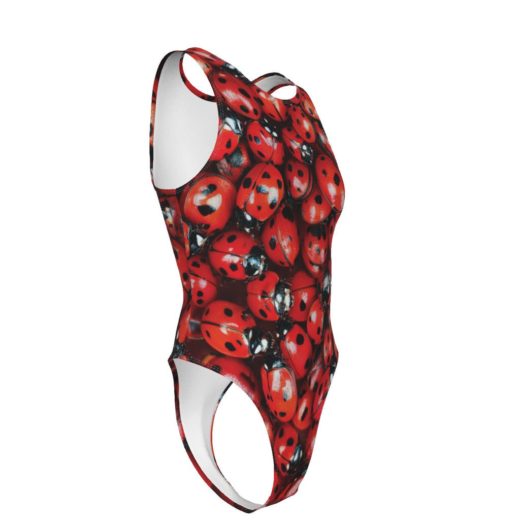 One-piece swimsuit with a ladybug print.