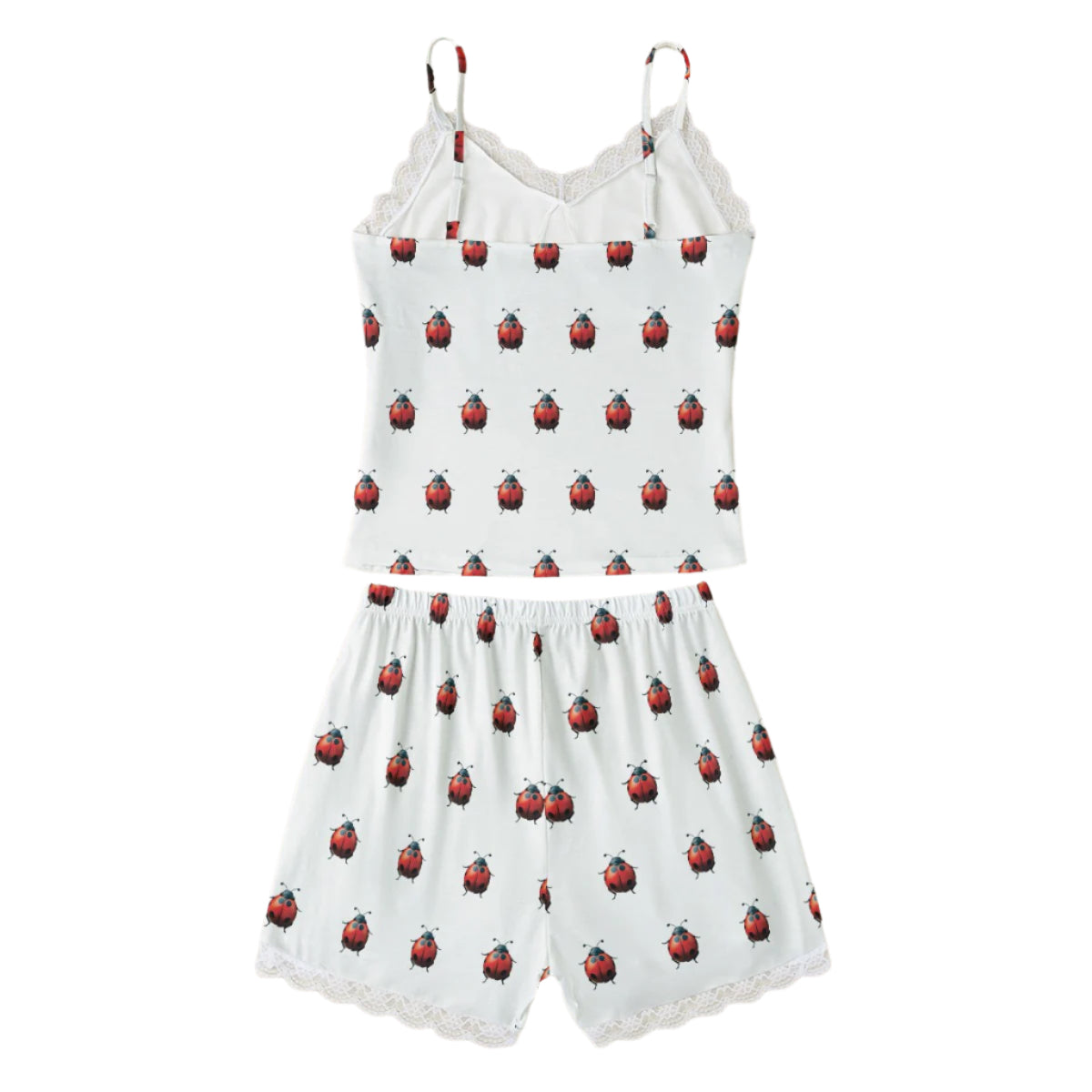 White ladybug-print pajama set.

