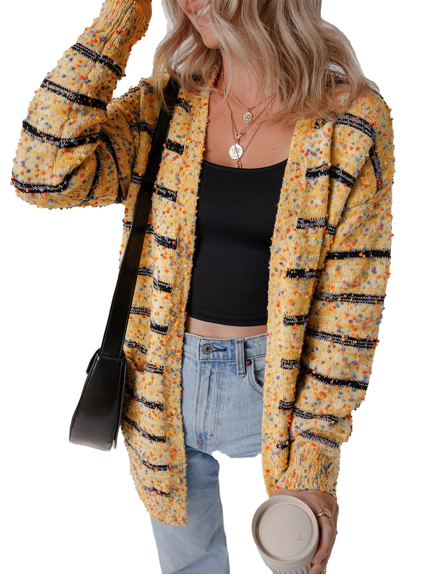 Beige Striped Knit Cardigan For Trendy Style