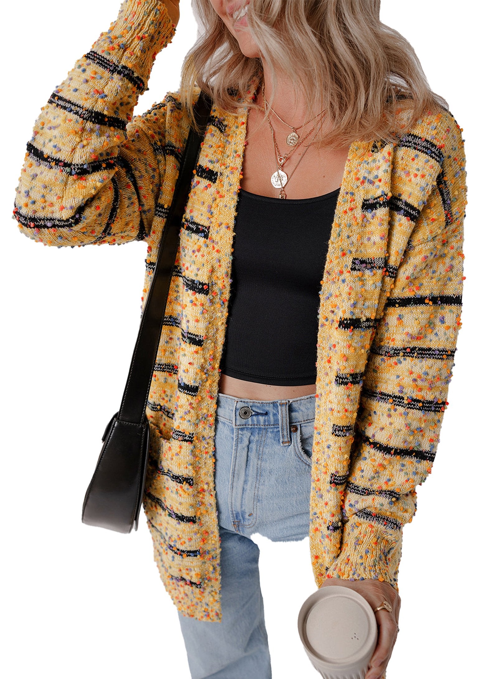 Beige Striped Knit Cardigan For Trendy Style