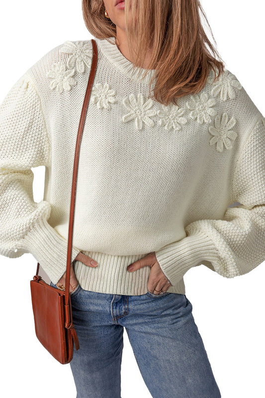 White Flower Detail Sweater For Trendy Style
