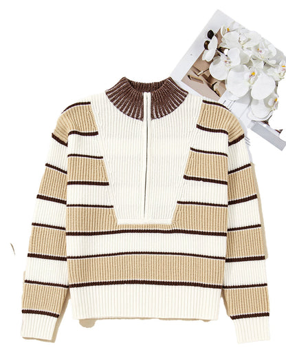 Khaki Stripe Half Zip Drop Shoulder Womens Sweater