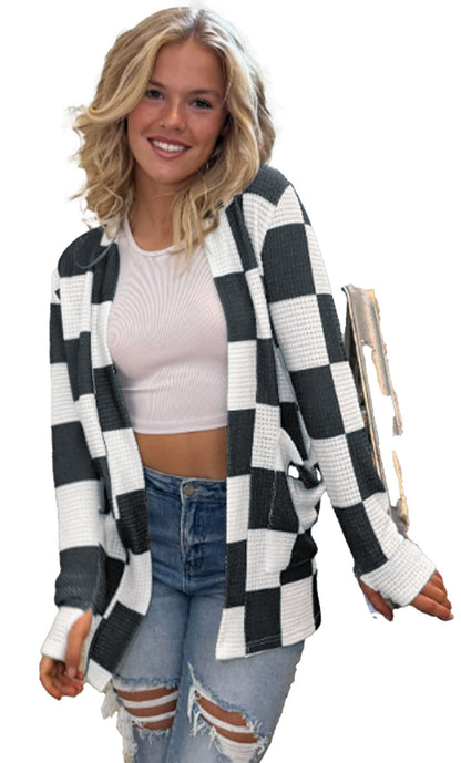 Black Checkered Waffle Knit Cardigan