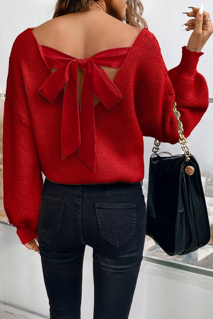Red Lantern Sleeve Sweater With Bow Detail