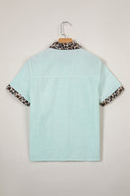Green Stripe Leopard Contrast Collar Short Sleeve Shirt