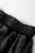 Black Mineral Wash French Terry Drawstring Elastic Waistband Casual Shorts