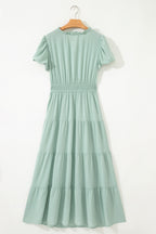 Bright Green Solid Color V Neck Short Puff Sleeve High Waist Tiered Maxi Dress