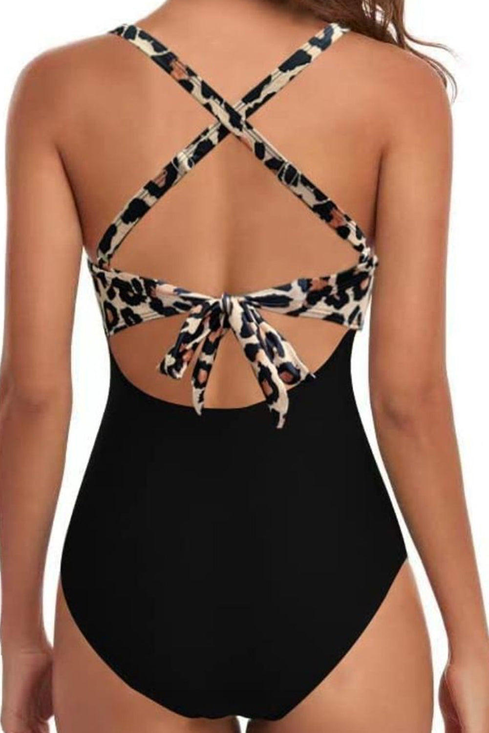 LuckeLadybug LLC Monokini with Crisscross Straps and Leopard Print Back Design