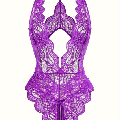 Sultry Floral Lace Bodysuit - Backless, Semi-Sheer, Open Crotch