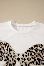 Dark Grey Contrast Leopard Bow Patched Short Sleeve T Shirt Long Dress