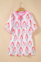 Sky Blue Floral Striped Print Tie Notched Neck Puff Sleeve Flared Mini Dress