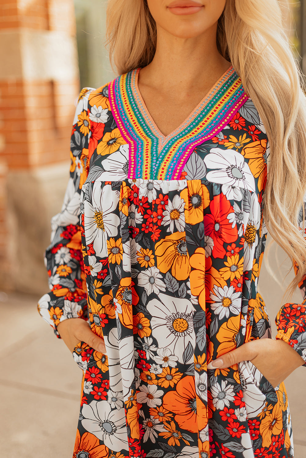 Orange Floral Mini Dress Boho V-Neck