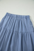 Beau Blue Elastic Waist Ruffled Tiered Flared Denim Maxi Skirt